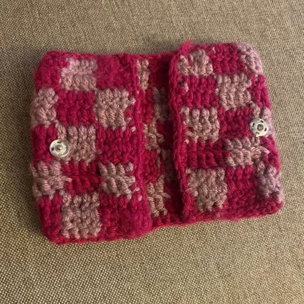 Handmade Pink and Purple Checkered Crochet Pouch